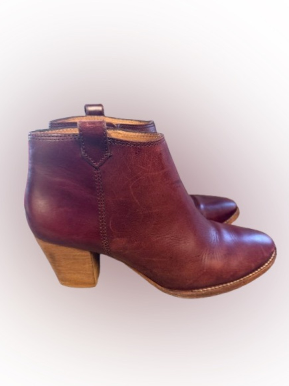 Madewell Billie Leather Booties Oxblood Burgundy Side Zip Stacked Heel Size 8